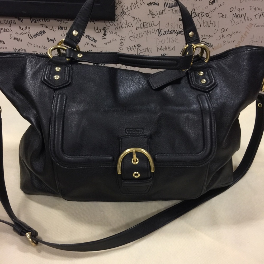 Large coach tote with brass hardware